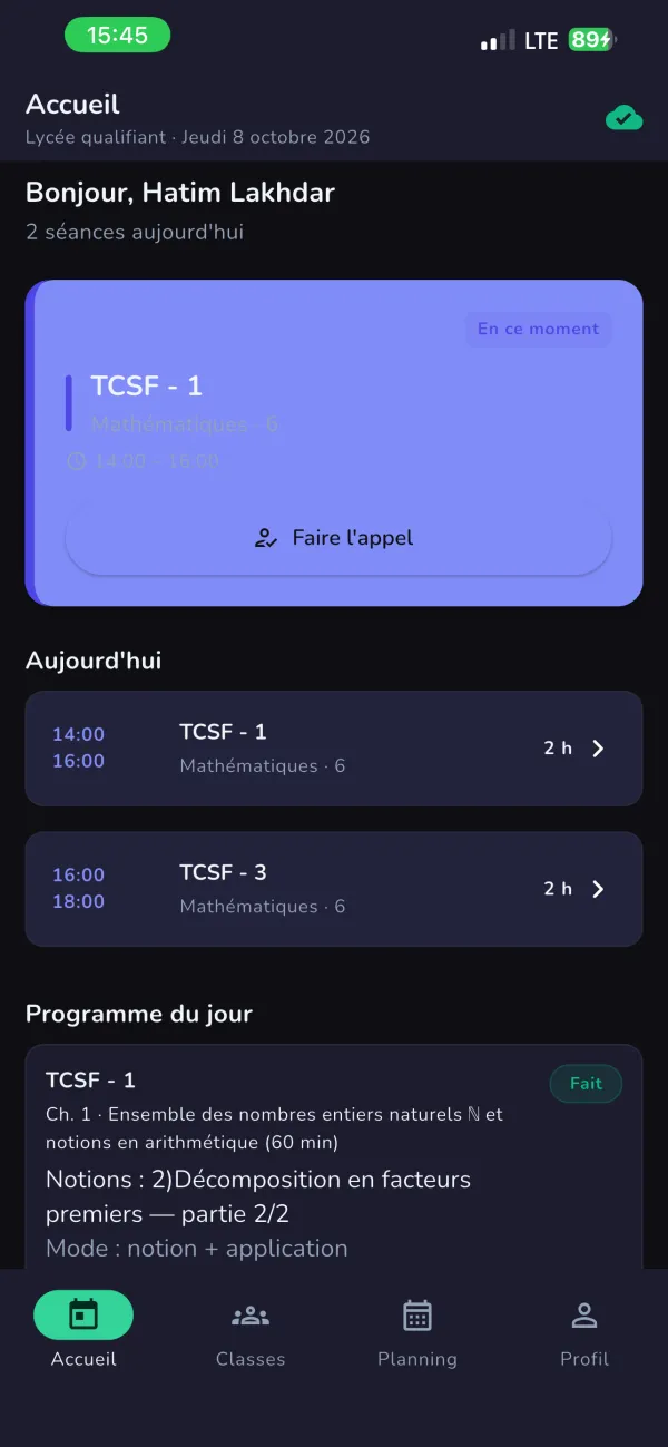 EduFlow’s home screen: today’s two sessions, a Take attendance button for the current class, and the lesson planned for the day.