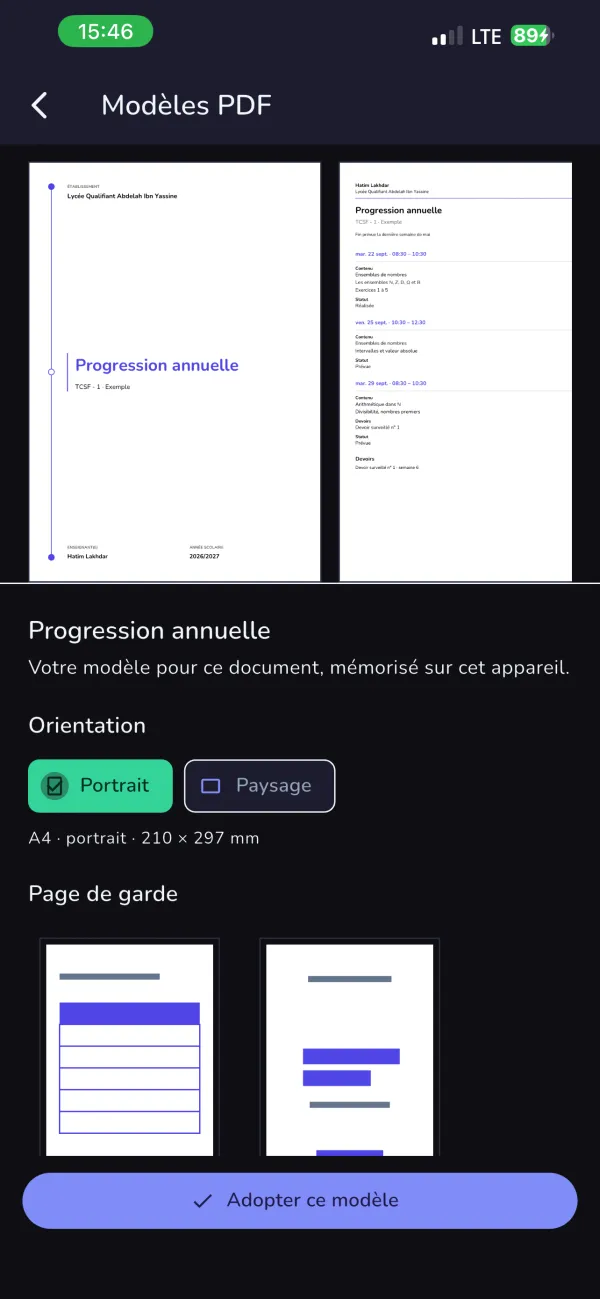 Choosing a layout for an annual-progression PDF in EduFlow, with portrait or landscape orientation and cover page options.