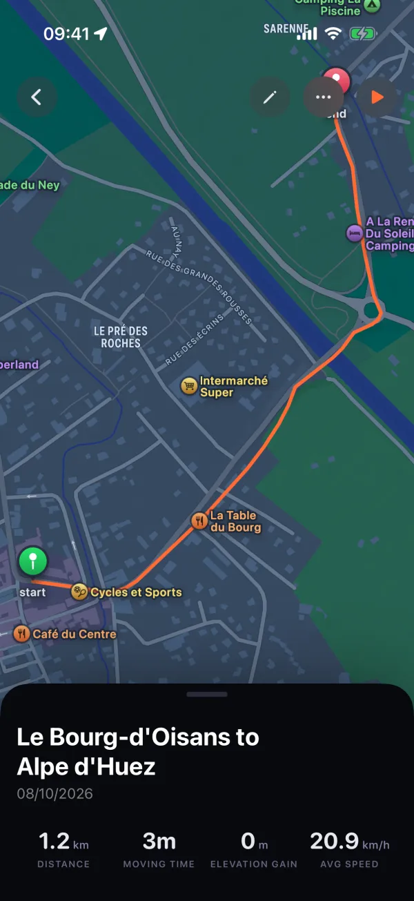 A saved Glood ride from Le Bourg-d’Oisans towards Alpe d’Huez: the route on the map, with distance, moving time and average speed.