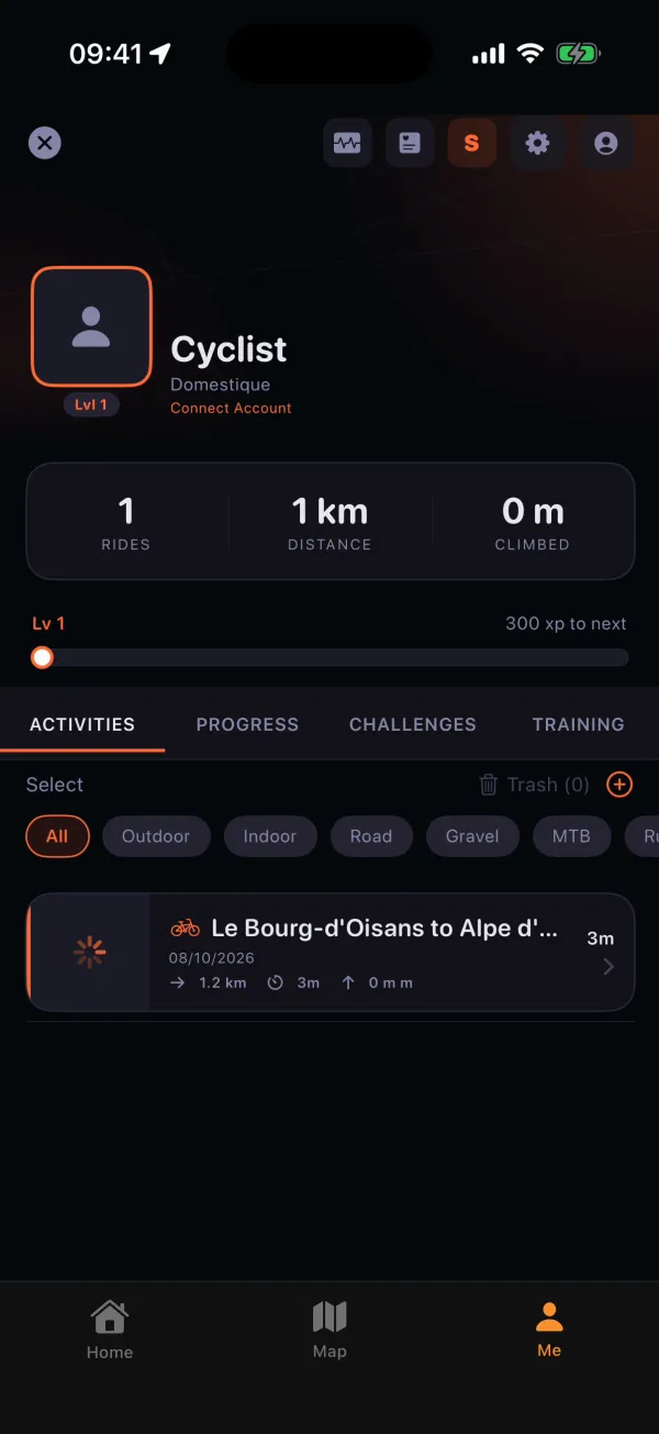 The rider’s activity list in Glood, with the saved ride and its distance and time.