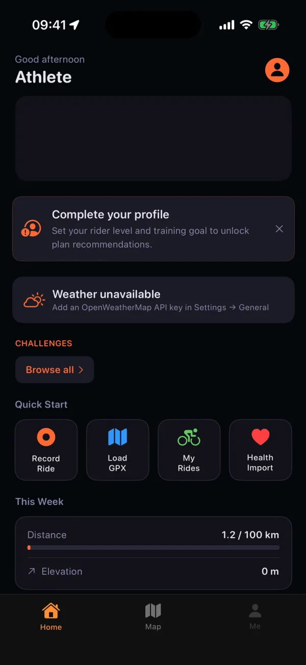 Glood’s home screen: quick start buttons to record a ride or load a GPX file, and this week’s distance.