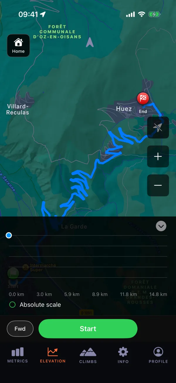 Glood on iPhone: a GPX route following the road’s switchbacks up to Alpe d’Huez, with a Start button.
