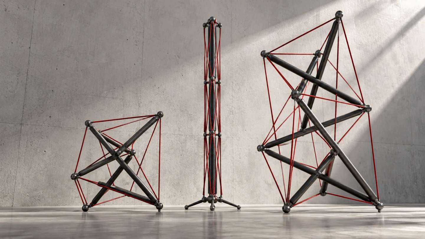 Illustrative tensegrity sculpture with two separate structures and a central Kenzlab mast.